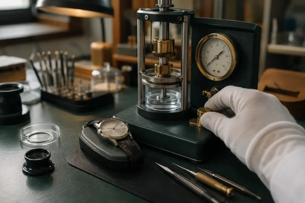 Contrôle professionnel de l’étanchéité d’une montre en atelier