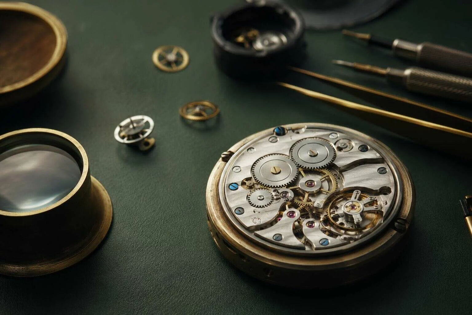 Mouvement mécanique et outils de précision sur un établi d’horloger